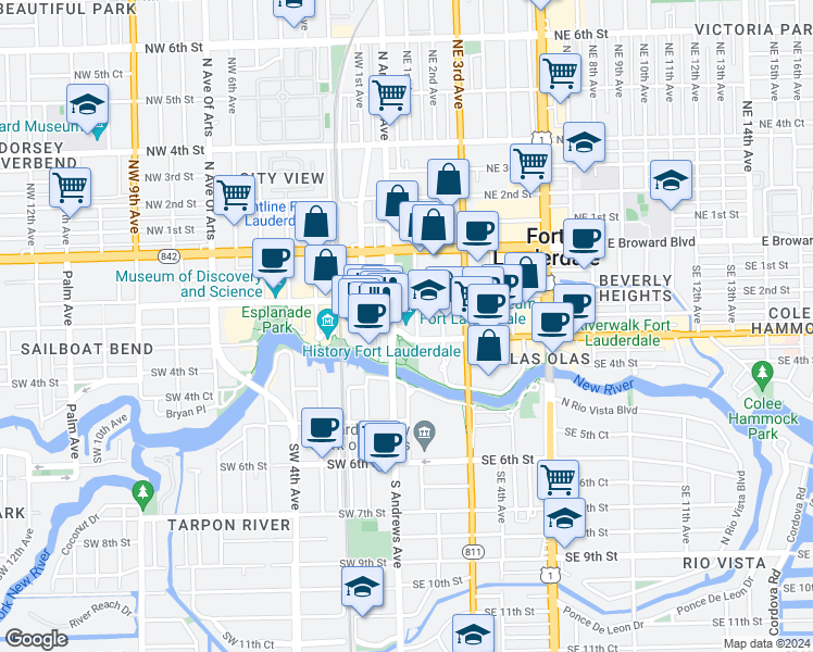 map of restaurants, bars, coffee shops, grocery stores, and more near 1 West Las Olas Boulevard in Fort Lauderdale