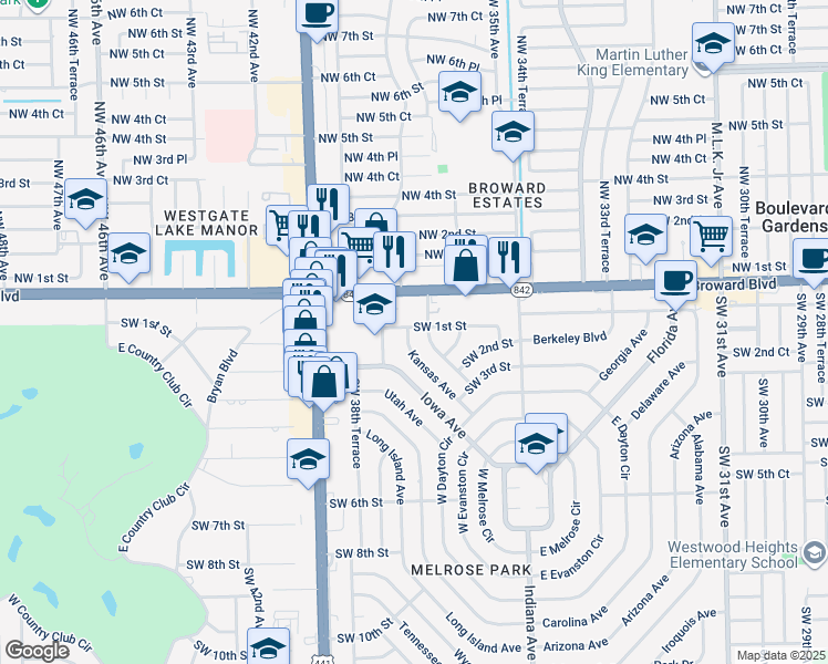 map of restaurants, bars, coffee shops, grocery stores, and more near 160 Southwest 37th Avenue in Fort Lauderdale