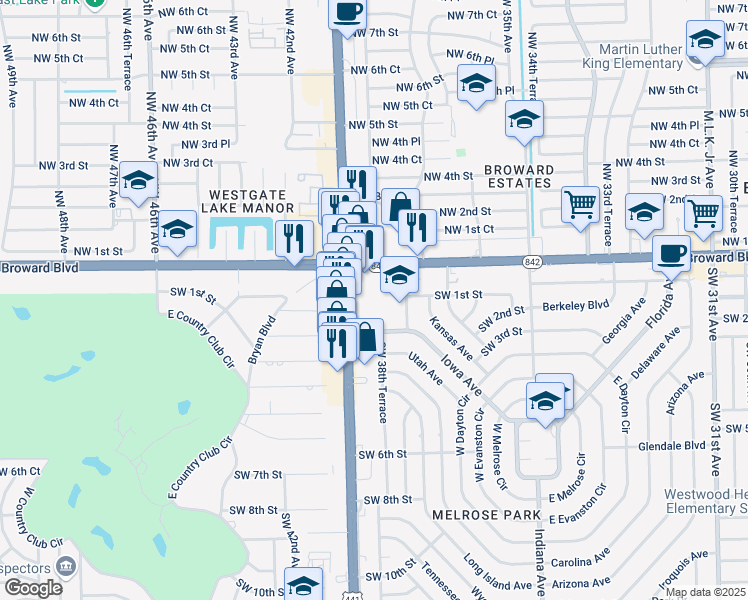 map of restaurants, bars, coffee shops, grocery stores, and more near 3900 West Broward Boulevard in Fort Lauderdale