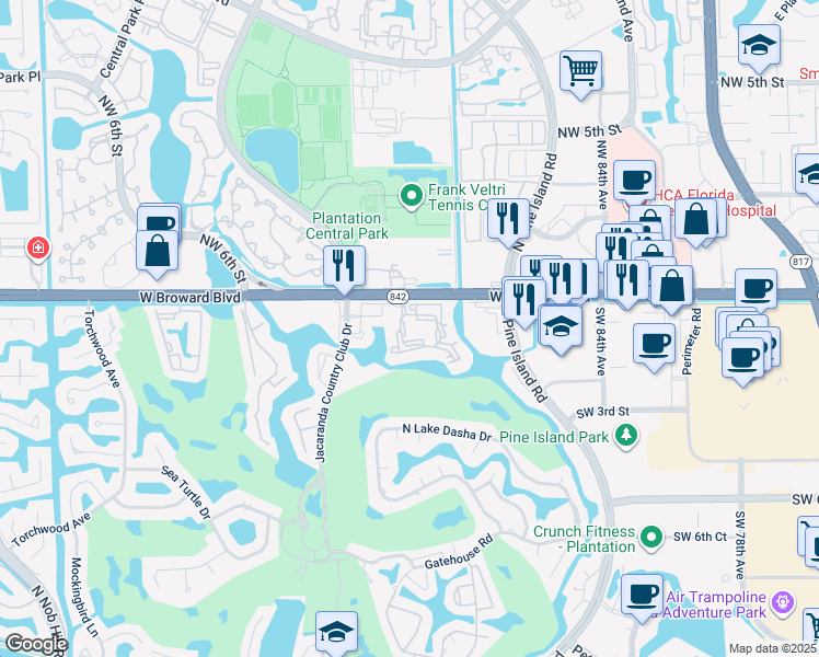 map of restaurants, bars, coffee shops, grocery stores, and more near 151 Southwest 91st Avenue in Plantation