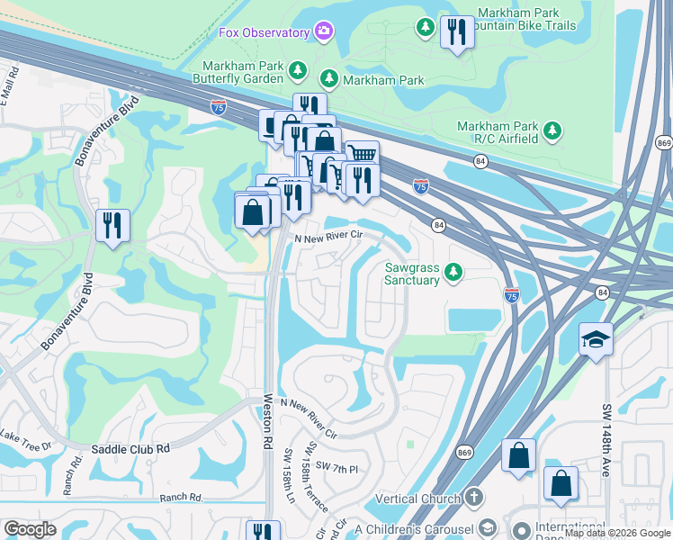 map of restaurants, bars, coffee shops, grocery stores, and more near 15718 East Waterside Circle in Sunrise