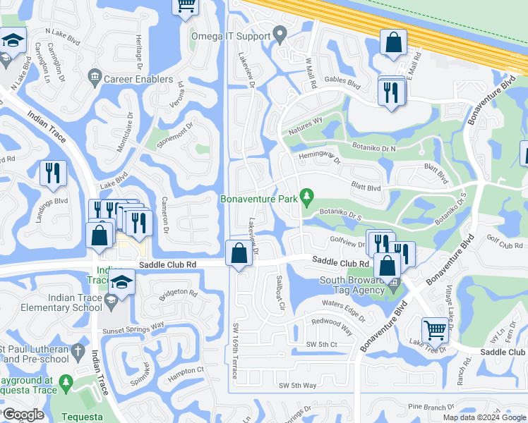map of restaurants, bars, coffee shops, grocery stores, and more near 567 Racquet Club Road in Weston