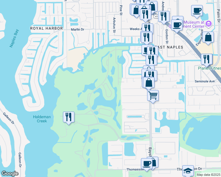 map of restaurants, bars, coffee shops, grocery stores, and more near 3515-3599 Windjammer Cir in Naples