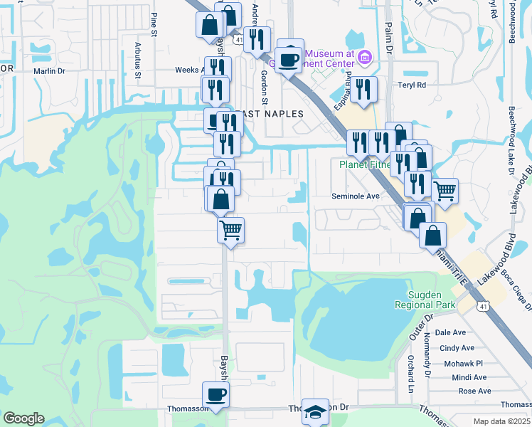 map of restaurants, bars, coffee shops, grocery stores, and more near 3120 Barrett Avenue in Naples