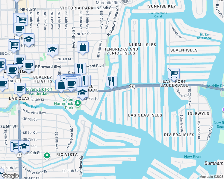 map of restaurants, bars, coffee shops, grocery stores, and more near East Las Olas Boulevard in Fort Lauderdale