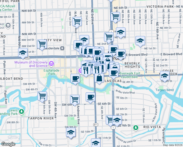 map of restaurants, bars, coffee shops, grocery stores, and more near 201 East Las Olas Boulevard in Fort Lauderdale