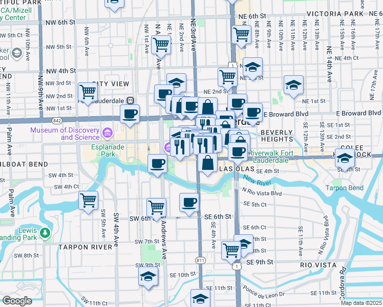 map of restaurants, bars, coffee shops, grocery stores, and more near 188 Southeast 3rd Avenue in Fort Lauderdale