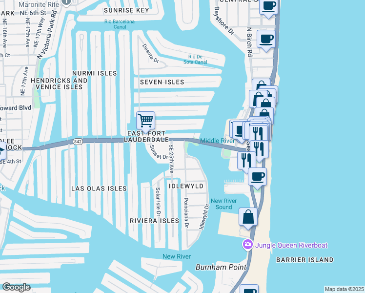 map of restaurants, bars, coffee shops, grocery stores, and more near 2500 East Las Olas Boulevard in Fort Lauderdale