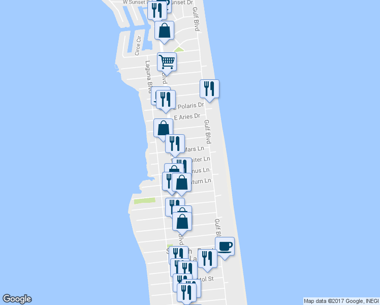 map of restaurants, bars, coffee shops, grocery stores, and more near 113 East Mars Lane in South Padre Island