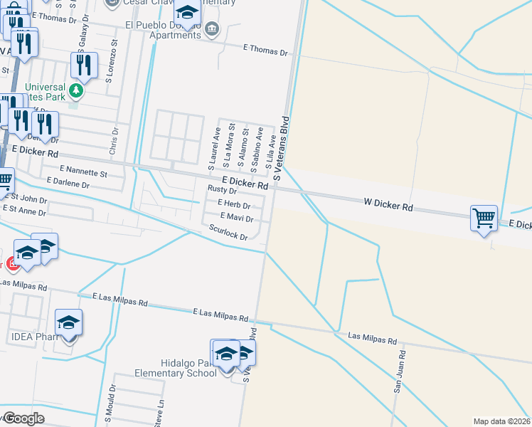 map of restaurants, bars, coffee shops, grocery stores, and more near 905 East Mavi Drive in Pharr