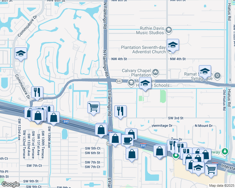 map of restaurants, bars, coffee shops, grocery stores, and more near 12360 Southwest 1st Street in Plantation