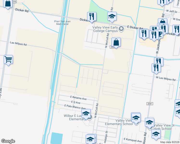 map of restaurants, bars, coffee shops, grocery stores, and more near 2801 West Las Milpas Road in Hidalgo