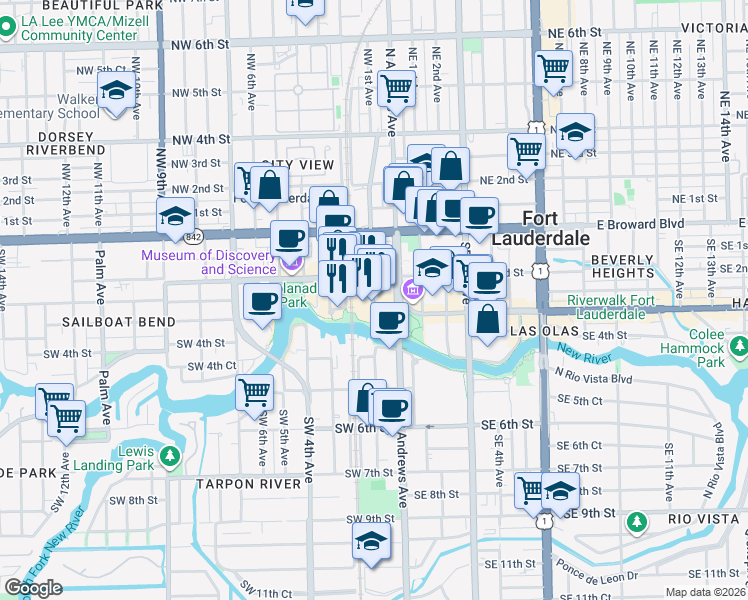 map of restaurants, bars, coffee shops, grocery stores, and more near 356 Southwest 1st Avenue in Fort Lauderdale