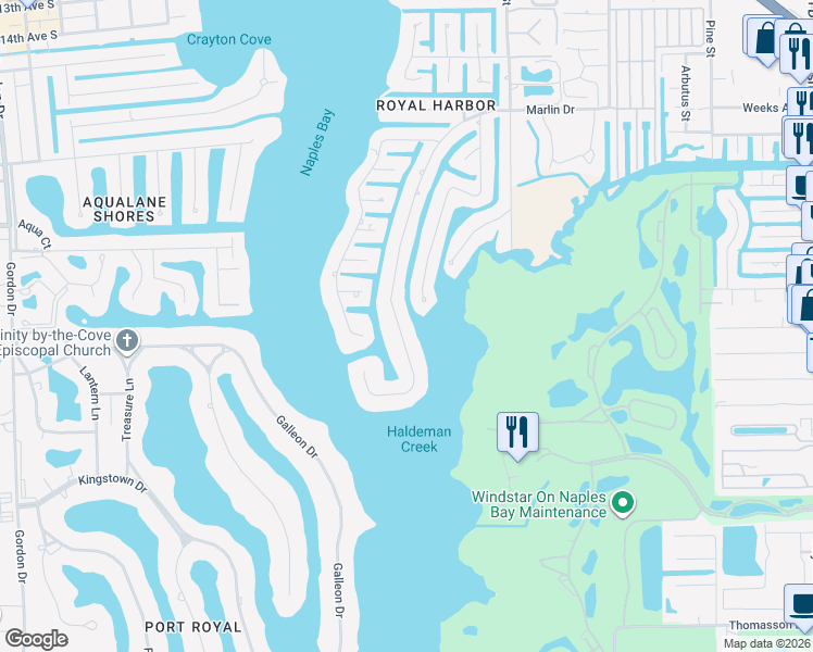 map of restaurants, bars, coffee shops, grocery stores, and more near 2425 Tarpon Road in Naples