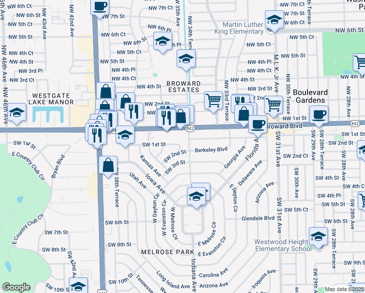 map of restaurants, bars, coffee shops, grocery stores, and more near 3525 Southwest 2nd Street in Fort Lauderdale