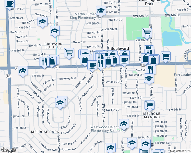 map of restaurants, bars, coffee shops, grocery stores, and more near 131 Carolina Avenue in Fort Lauderdale