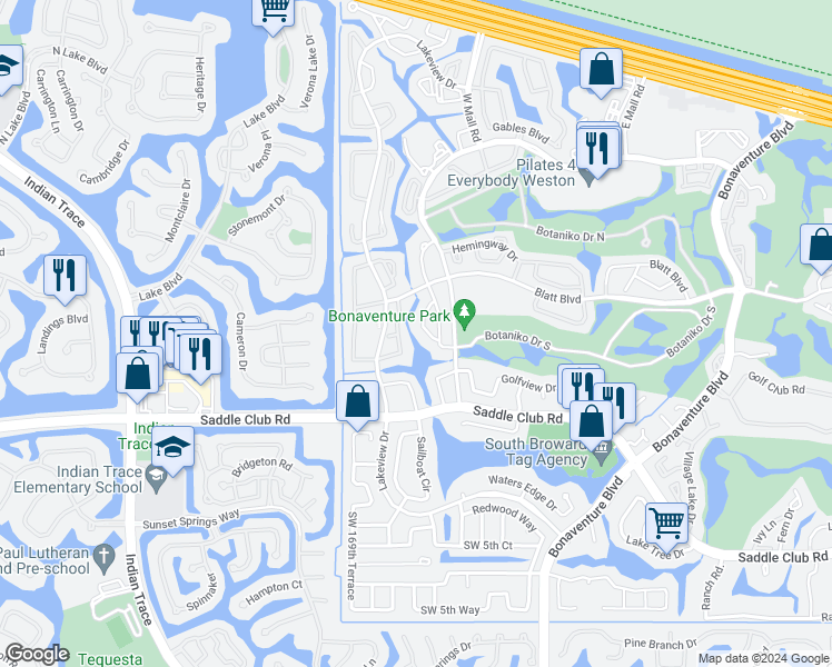 map of restaurants, bars, coffee shops, grocery stores, and more near 567 Racquet Club Road in Weston