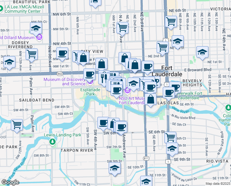 map of restaurants, bars, coffee shops, grocery stores, and more near 350 Southwest 1st Avenue in Fort Lauderdale