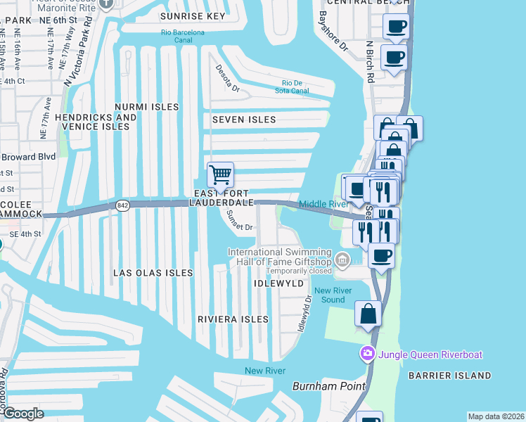 map of restaurants, bars, coffee shops, grocery stores, and more near 2500 East Las Olas Boulevard in Fort Lauderdale