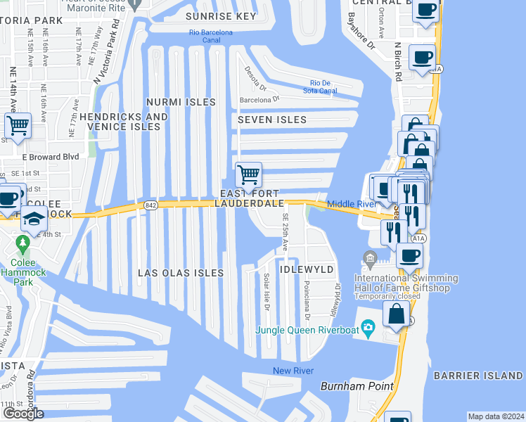 map of restaurants, bars, coffee shops, grocery stores, and more near in Fort Lauderdale