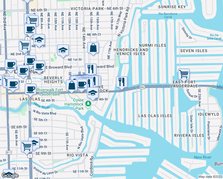 map of restaurants, bars, coffee shops, grocery stores, and more near 1703 East Las Olas Boulevard in Fort Lauderdale