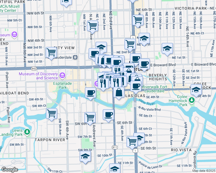 map of restaurants, bars, coffee shops, grocery stores, and more near 188 Southeast 3rd Avenue in Fort Lauderdale