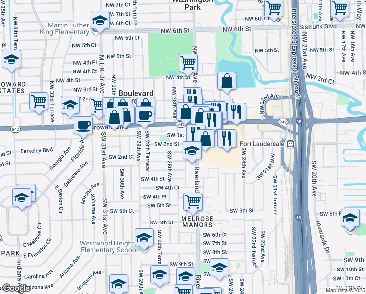 map of restaurants, bars, coffee shops, grocery stores, and more near 2761 Southwest 2nd Court in Fort Lauderdale