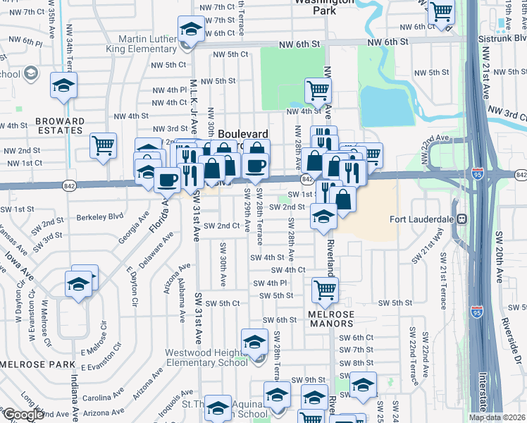 map of restaurants, bars, coffee shops, grocery stores, and more near 221 Southwest 28th Terrace in Fort Lauderdale