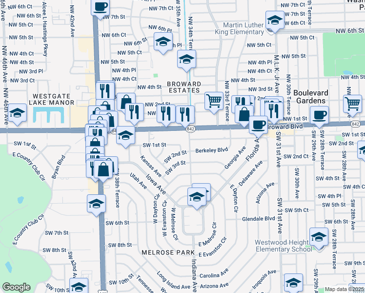 map of restaurants, bars, coffee shops, grocery stores, and more near 3525 Southwest 2nd Street in Fort Lauderdale