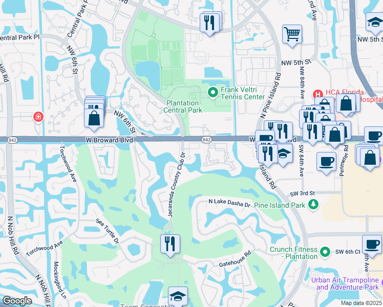 map of restaurants, bars, coffee shops, grocery stores, and more near 140 Southwest 91st Avenue in Plantation