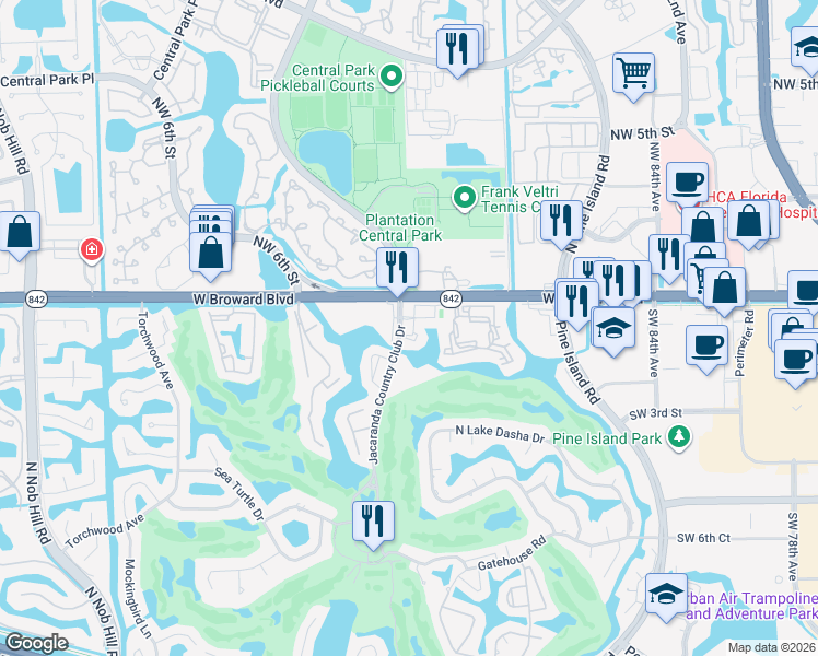 map of restaurants, bars, coffee shops, grocery stores, and more near 17 Jacaranda Drive in Plantation