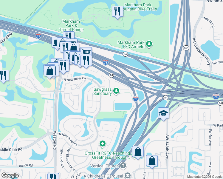 map of restaurants, bars, coffee shops, grocery stores, and more near 230 Riverwalk Circle in Sunrise