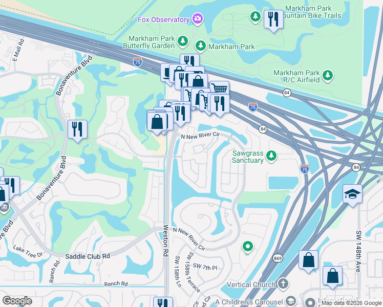 map of restaurants, bars, coffee shops, grocery stores, and more near 180 Southwest 159th Way in Sunrise