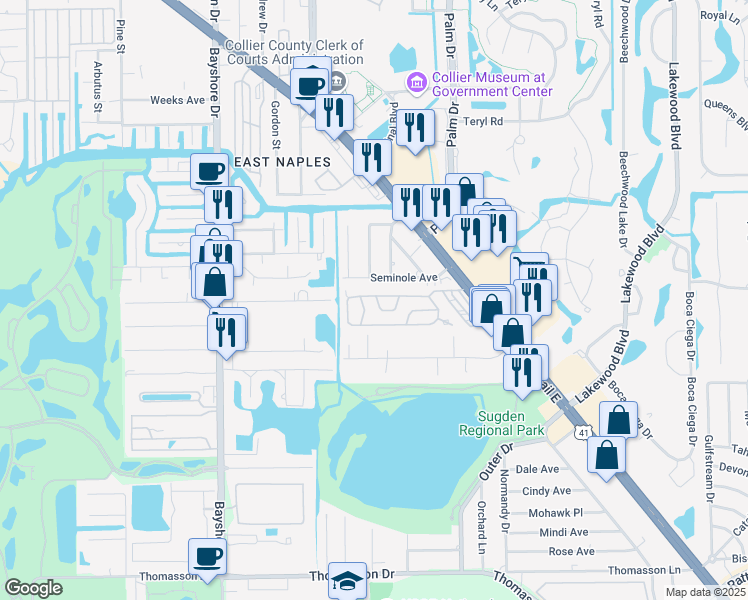 map of restaurants, bars, coffee shops, grocery stores, and more near 22 Topaz Lane in Naples