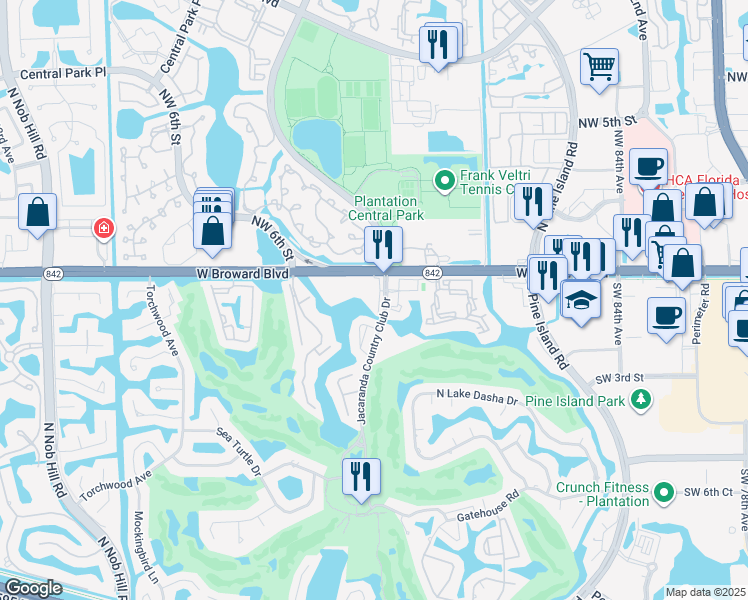 map of restaurants, bars, coffee shops, grocery stores, and more near 17 Jacaranda Drive in Plantation