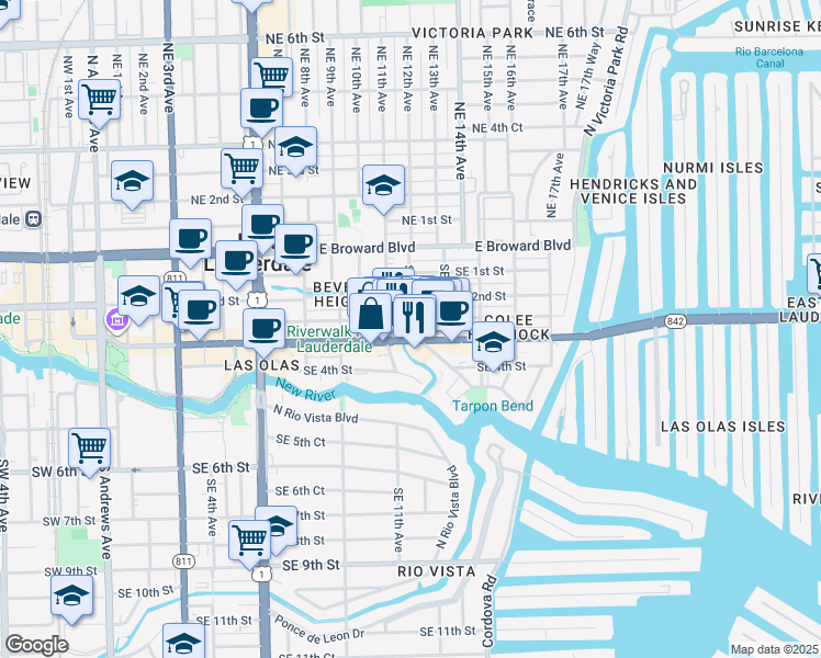map of restaurants, bars, coffee shops, grocery stores, and more near 229 Southeast 12th Avenue in Fort Lauderdale
