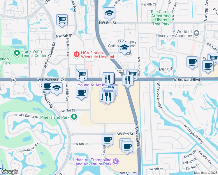 map of restaurants, bars, coffee shops, grocery stores, and more near 8000 West Broward Boulevard in Plantation