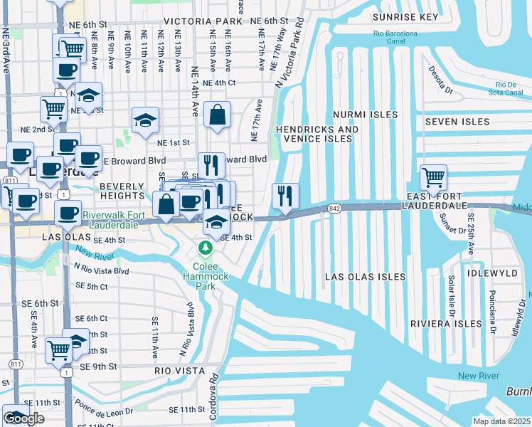 map of restaurants, bars, coffee shops, grocery stores, and more near 1717 East Las Olas Boulevard in Fort Lauderdale