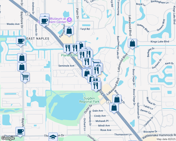map of restaurants, bars, coffee shops, grocery stores, and more near 3809 Tamiami Trail East in Naples