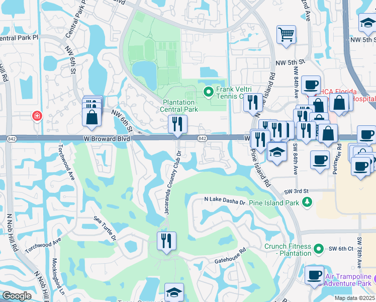 map of restaurants, bars, coffee shops, grocery stores, and more near 140 Southwest 91st Avenue in Plantation