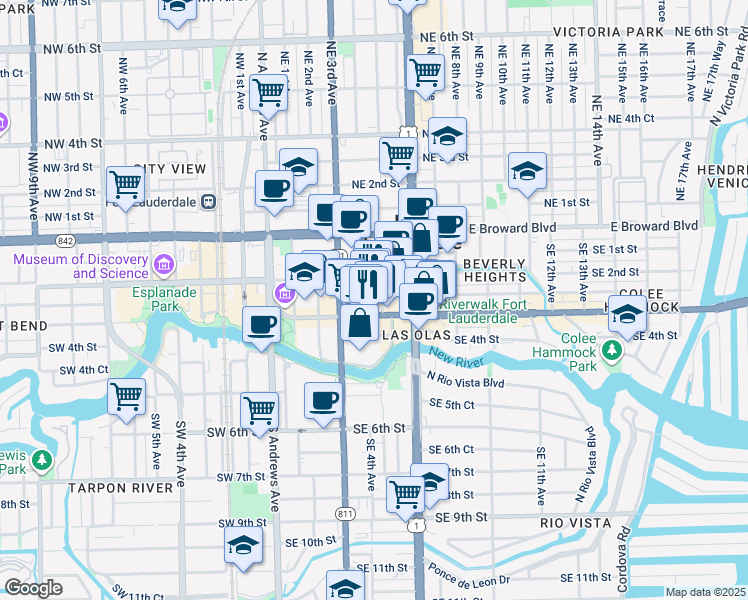 map of restaurants, bars, coffee shops, grocery stores, and more near 401 East Las Olas Boulevard in Fort Lauderdale