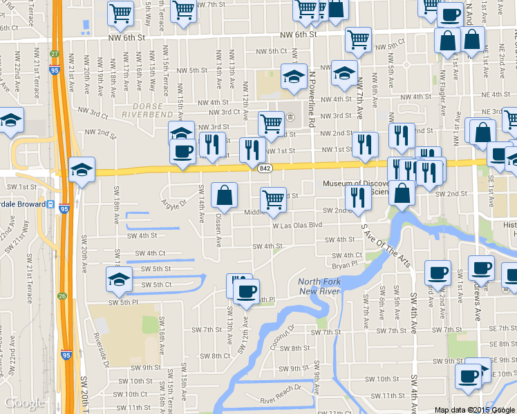 map of restaurants, bars, coffee shops, grocery stores, and more near 1126 Middle Street in Fort Lauderdale