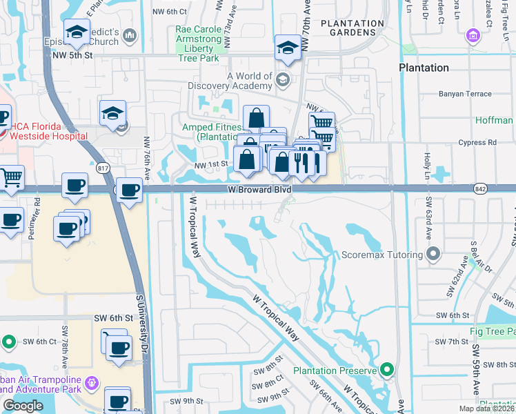 map of restaurants, bars, coffee shops, grocery stores, and more near 7136 East Tropical Way in Plantation