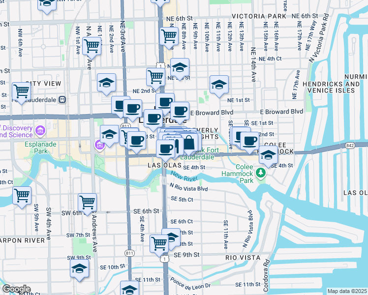 map of restaurants, bars, coffee shops, grocery stores, and more near 240 Southeast 8th Avenue in Fort Lauderdale