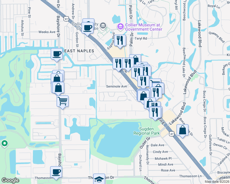 map of restaurants, bars, coffee shops, grocery stores, and more near 98 Topaz Lane in Naples