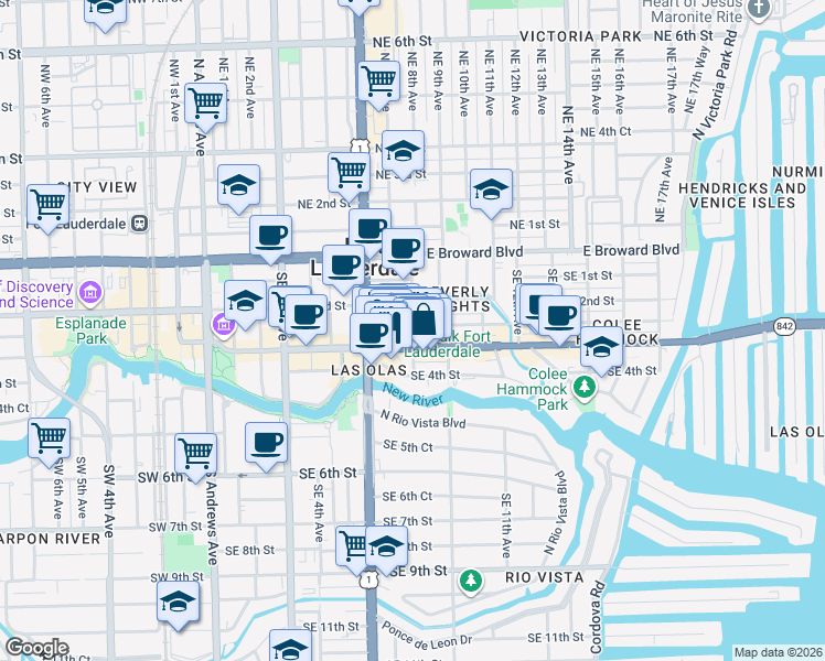 map of restaurants, bars, coffee shops, grocery stores, and more near 236 Southeast 8th Avenue in Fort Lauderdale
