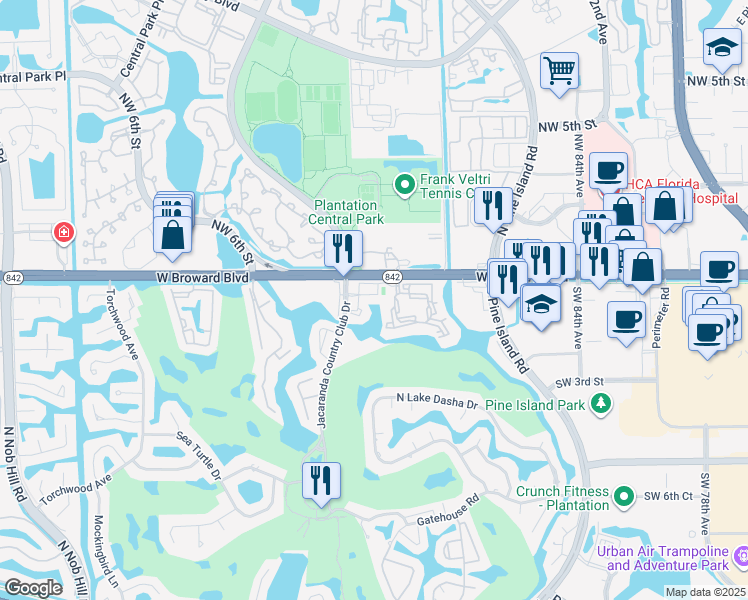 map of restaurants, bars, coffee shops, grocery stores, and more near 140 Southwest 91st Avenue in Plantation