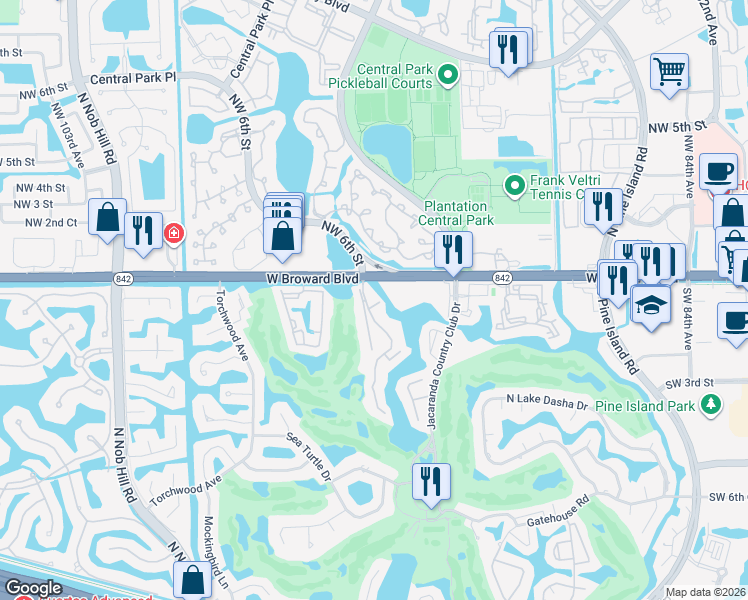 map of restaurants, bars, coffee shops, grocery stores, and more near 50 Wimbledon Lakes Drive in Plantation
