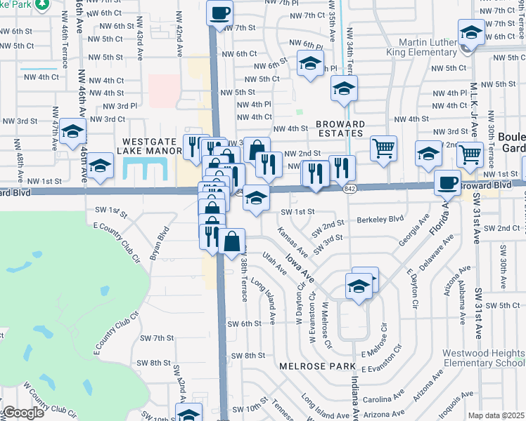 map of restaurants, bars, coffee shops, grocery stores, and more near 3770 Southwest 1st Street in Fort Lauderdale