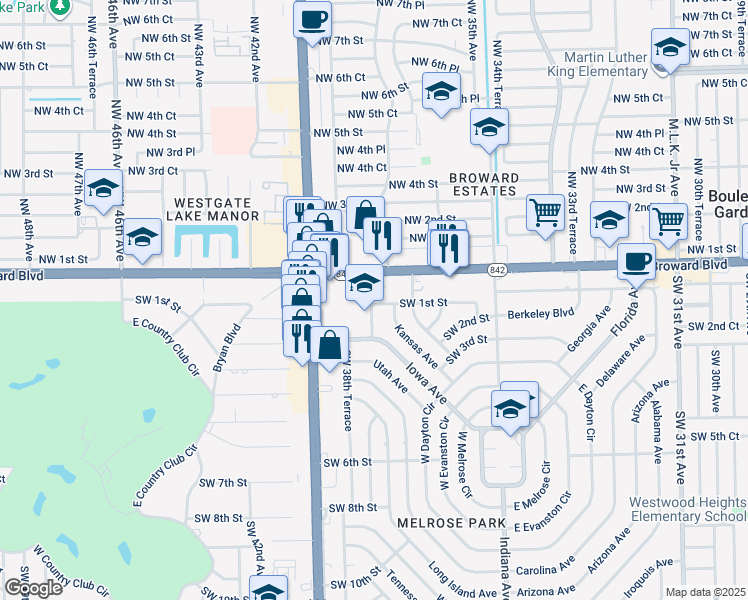 map of restaurants, bars, coffee shops, grocery stores, and more near 3770 Southwest 1st Street in Fort Lauderdale